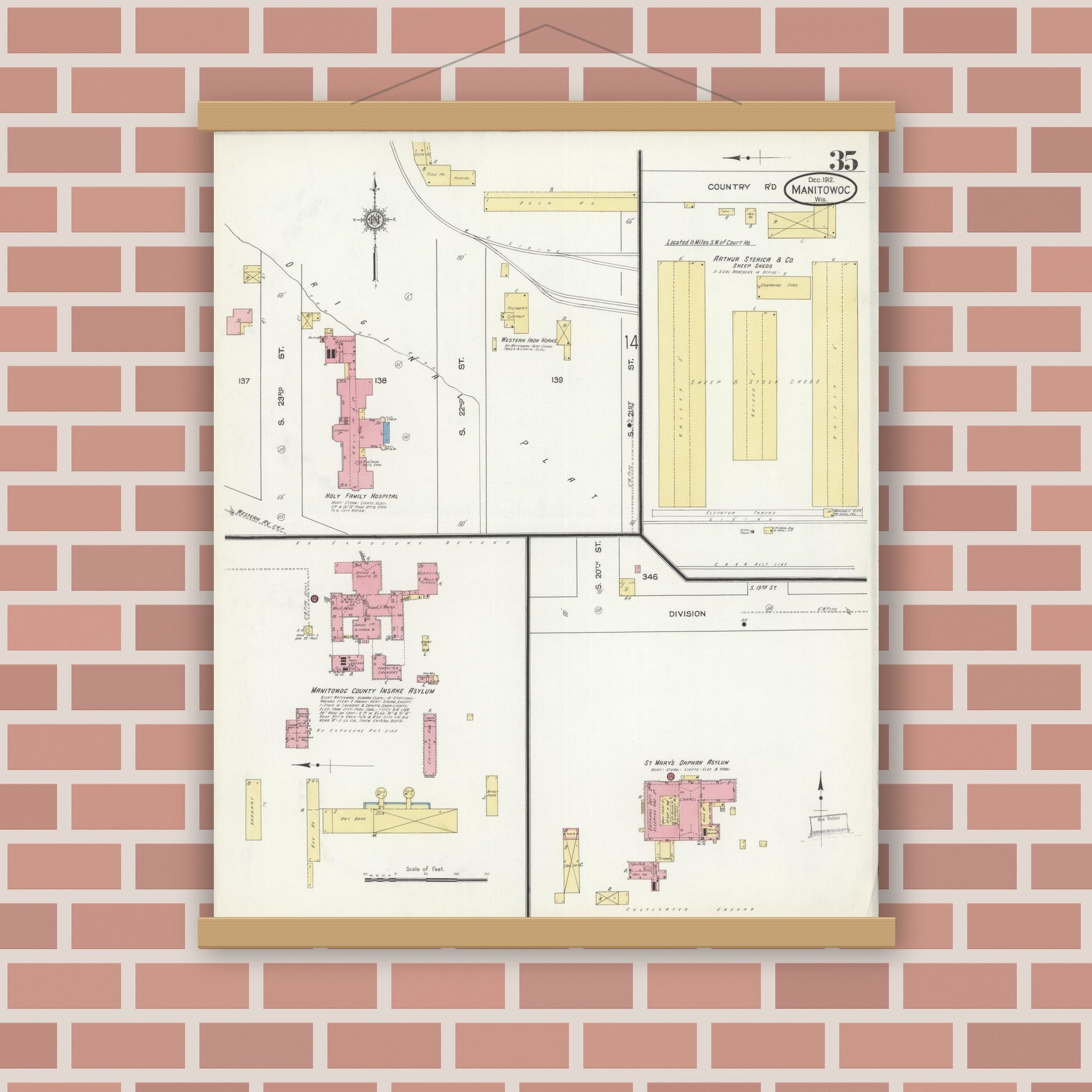 Old map wall art mockup — magnetic wood frame on brick wall — Sanborn Fire Insurance Map from Manitowoc, Manitowoc County, Wisconsin (1912), Sheet #0035