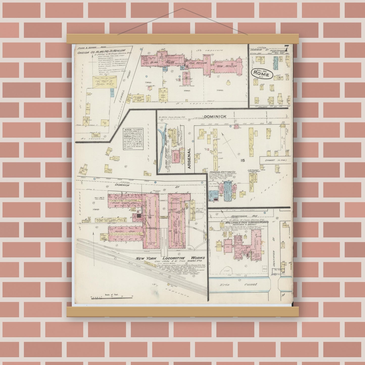 Old map wall art mockup — magnetic wood frame on brick wall — Sanborn Fire Insurance Map from Rome, Oneida County, New York (1884), Sheet #0007