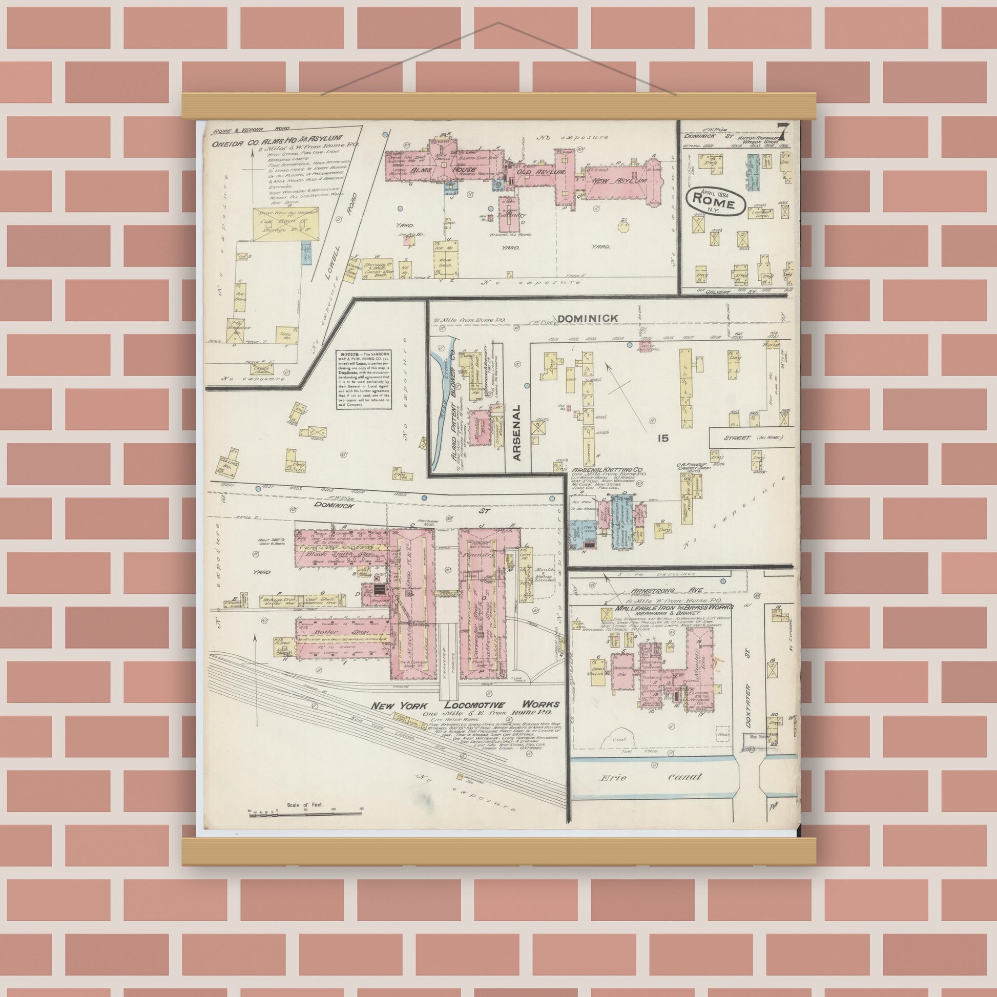 Old map wall art mockup — magnetic wood frame on brick wall — Sanborn Fire Insurance Map from Rome, Oneida County, New York (1884), Sheet #0007