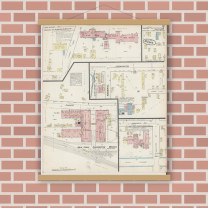 Old map wall art mockup — magnetic wood frame on brick wall — Sanborn Fire Insurance Map from Rome, Oneida County, New York (1884), Sheet #0007