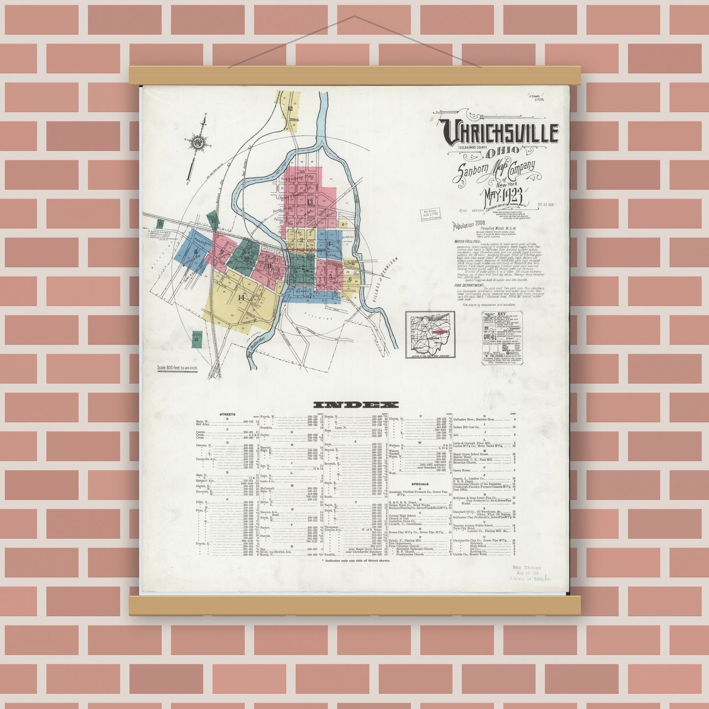 Old map wall art mockup — magnetic wood frame on brick wall — Sanborn Fire Insurance Map from Uhrichsville, Tuscarawas County, Ohio (1923), Sheet #0001