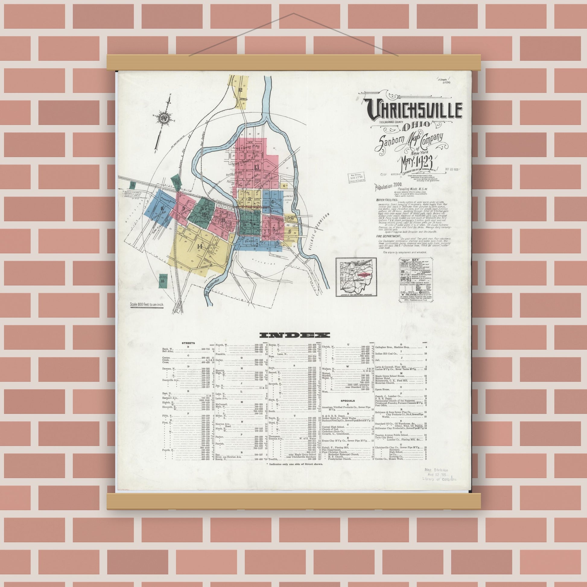 Old map wall art mockup — magnetic wood frame on brick wall — Sanborn Fire Insurance Map from Uhrichsville, Tuscarawas County, Ohio (1923), Sheet #0001
