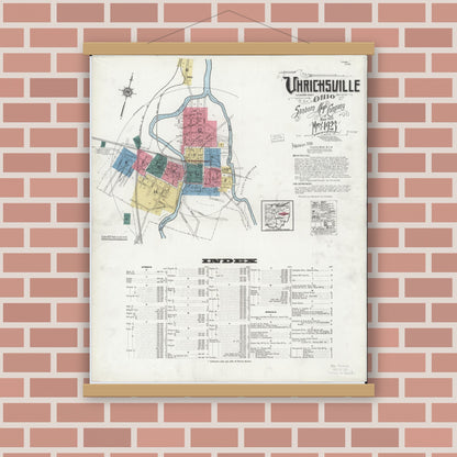 Old map wall art mockup — magnetic wood frame on brick wall — Sanborn Fire Insurance Map from Uhrichsville, Tuscarawas County, Ohio (1923), Sheet #0001
