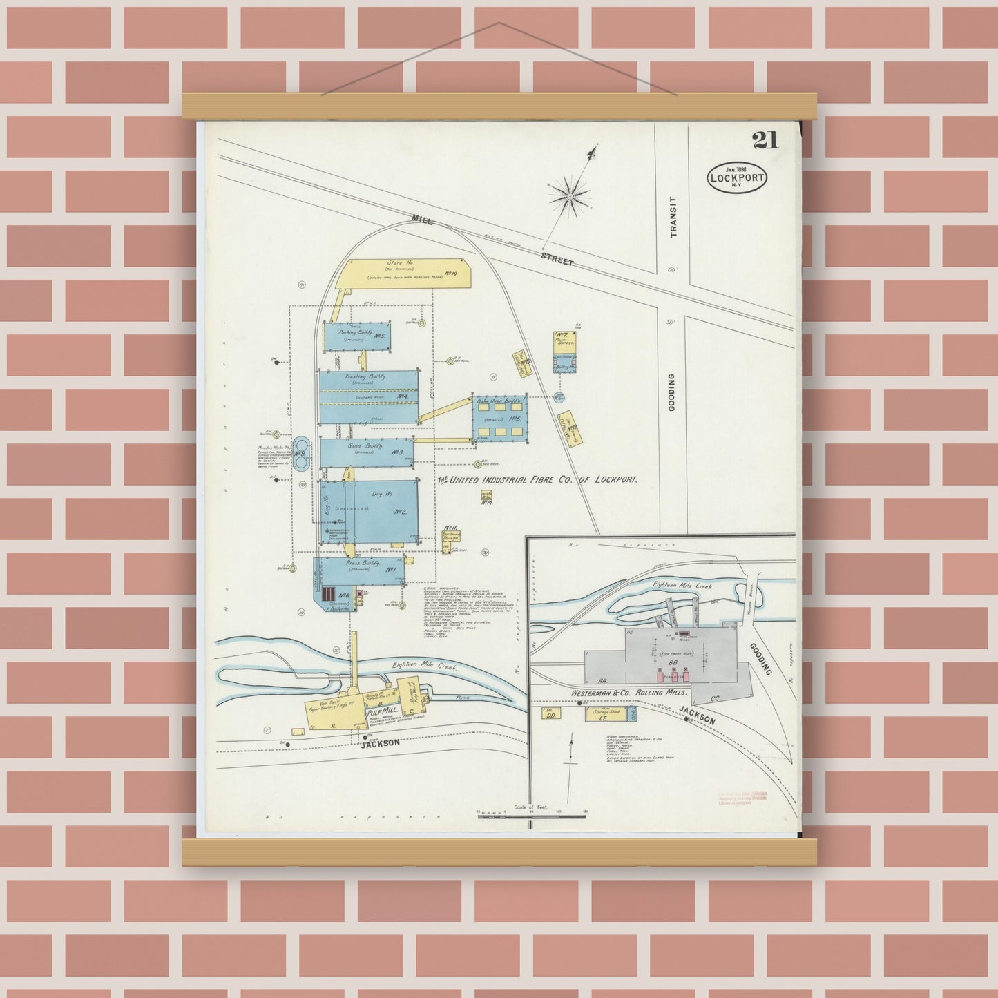 Old map wall art mockup — magnetic wood frame on brick wall — Sanborn Fire Insurance Map from Lockport, Niagara County, New York (1898), Sheet #0021