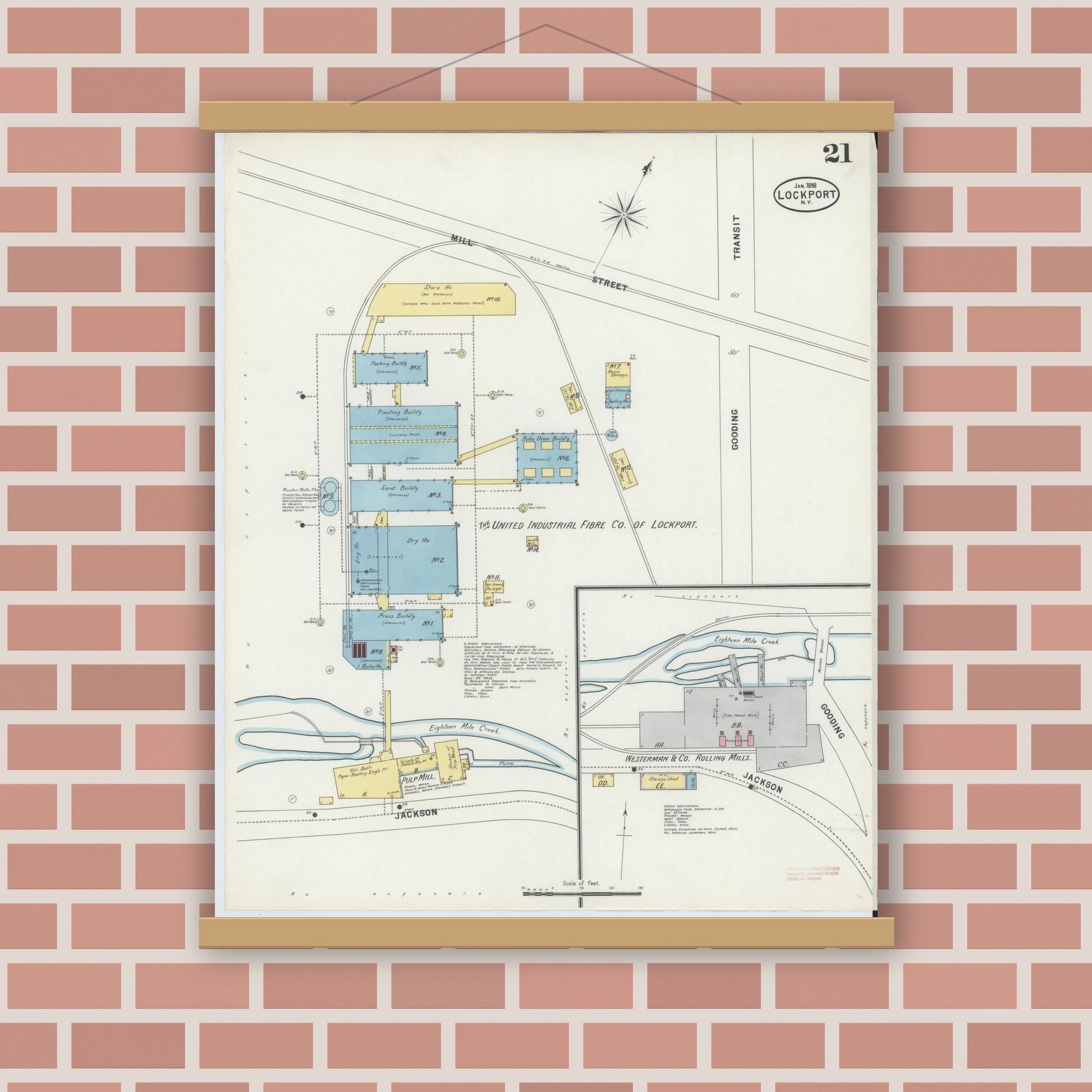 Old map wall art mockup — magnetic wood frame on brick wall — Sanborn Fire Insurance Map from Lockport, Niagara County, New York (1898), Sheet #0021