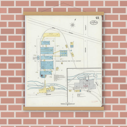 Old map wall art mockup — magnetic wood frame on brick wall — Sanborn Fire Insurance Map from Lockport, Niagara County, New York (1898), Sheet #0021