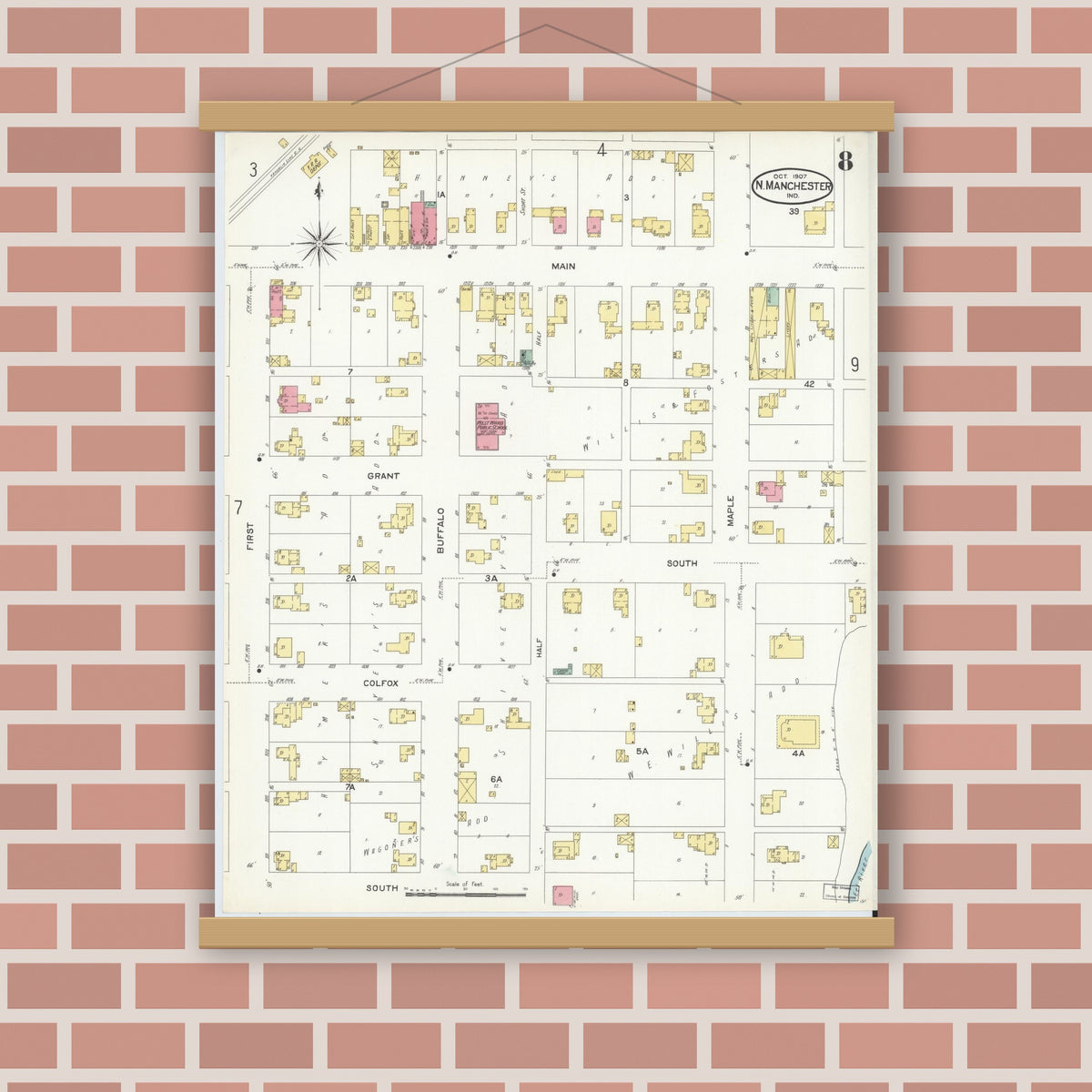 Old map wall art mockup — magnetic wood frame on brick wall — Sanborn Fire Insurance Map from North Manchester, Wabash County, Indiana (1907), Sheet #0008