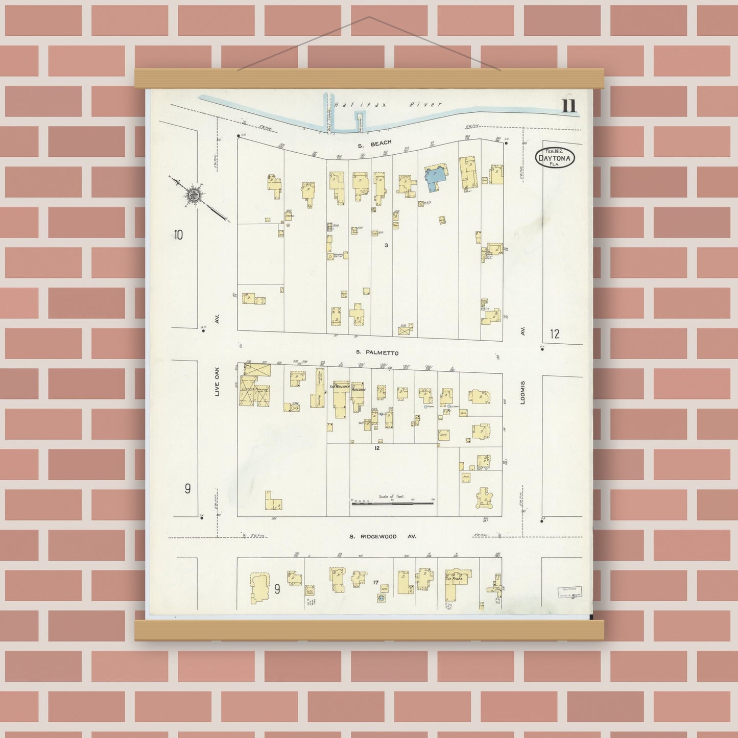 Old map wall art mockup — magnetic wood frame on brick wall — Sanborn Fire Insurance Map from Daytona, Volusia County, Florida (1912), Sheet #0011