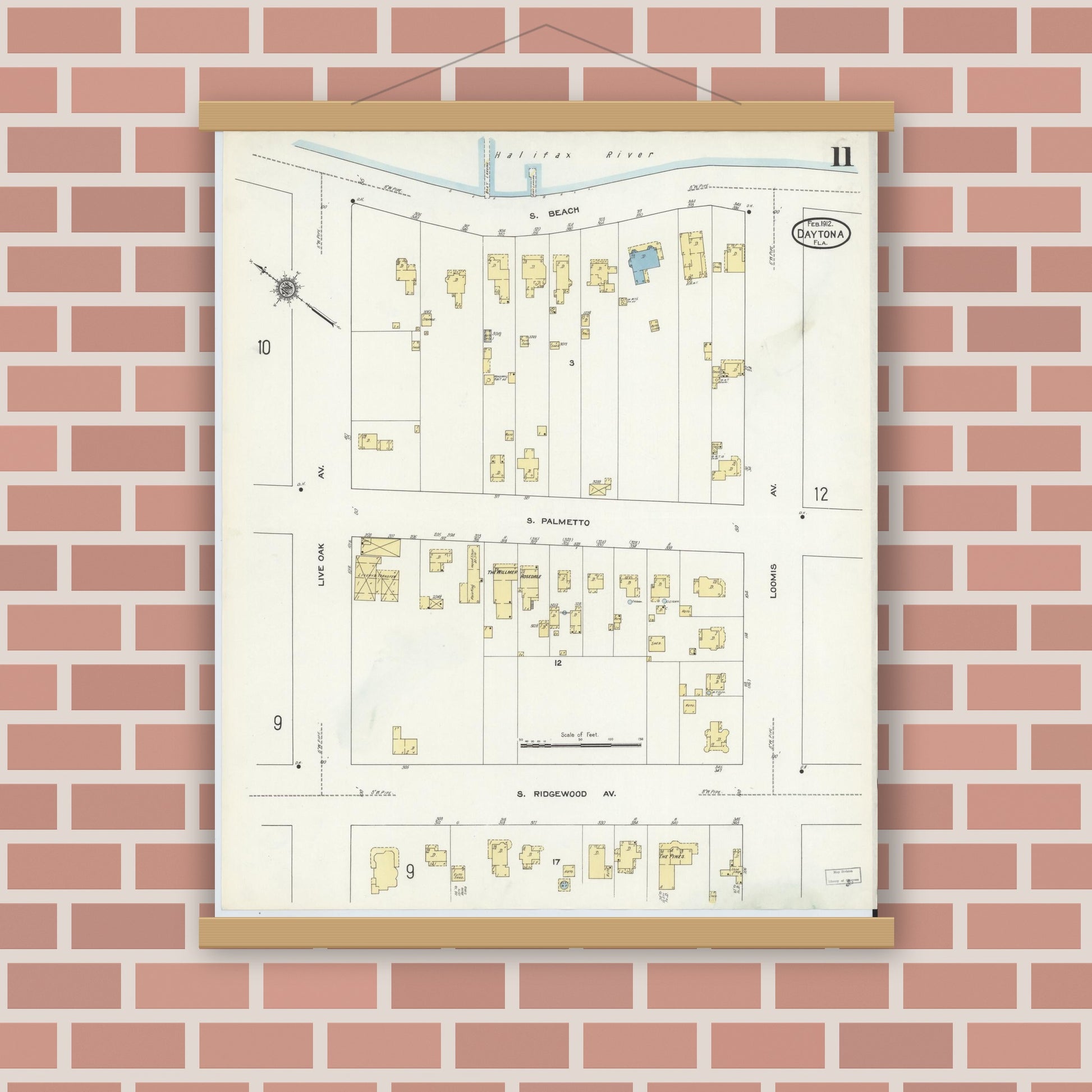 Old map wall art mockup — magnetic wood frame on brick wall — Sanborn Fire Insurance Map from Daytona, Volusia County, Florida (1912), Sheet #0011