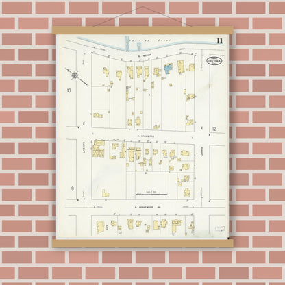 Old map wall art mockup — magnetic wood frame on brick wall — Sanborn Fire Insurance Map from Daytona, Volusia County, Florida (1912), Sheet #0011