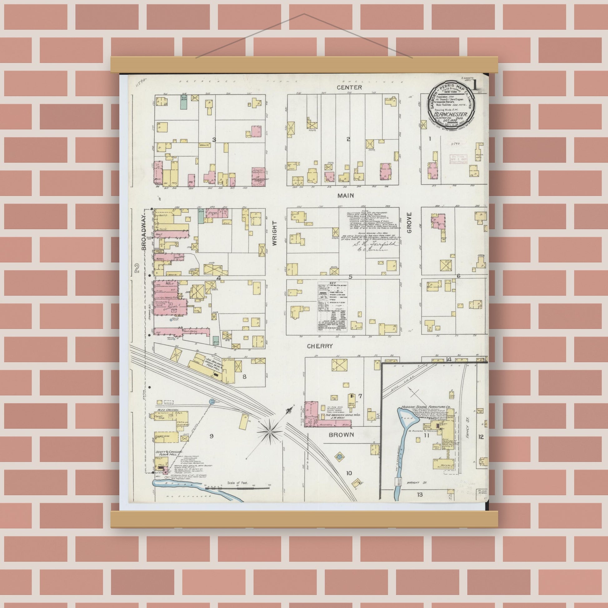 Old map wall art mockup — magnetic wood frame on brick wall — Sanborn Fire Insurance Map from Blanchester, Clinton County, Ohio (1892), Sheet #0001