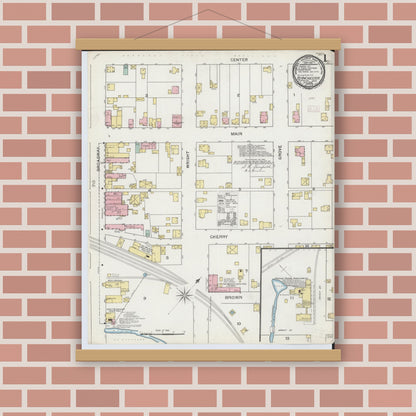 Old map wall art mockup — magnetic wood frame on brick wall — Sanborn Fire Insurance Map from Blanchester, Clinton County, Ohio (1892), Sheet #0001