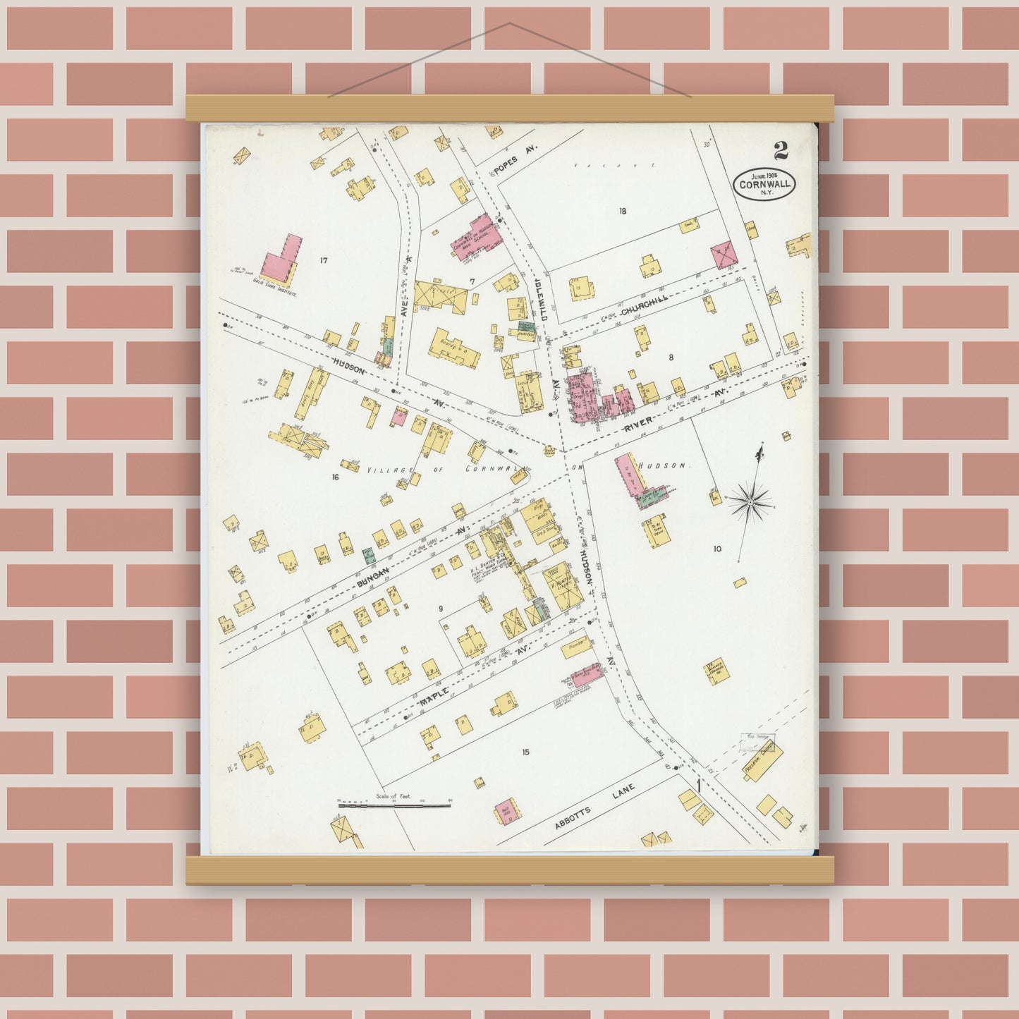 Old map wall art mockup — magnetic wood frame on brick wall — Sanborn Fire Insurance Map from Cornwall, Orange County, New York (1905), Sheet #0002
