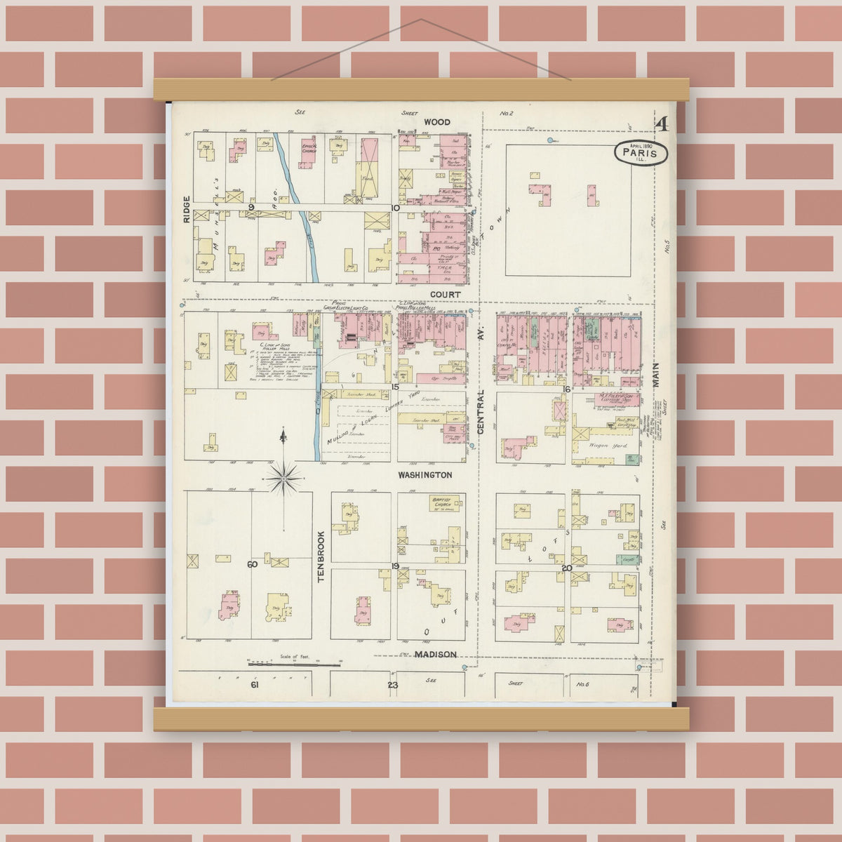 Old map wall art mockup — magnetic wood frame on brick wall — Sanborn Fire Insurance Map from Paris, Edgar County, Illinois (1890), Sheet #0004