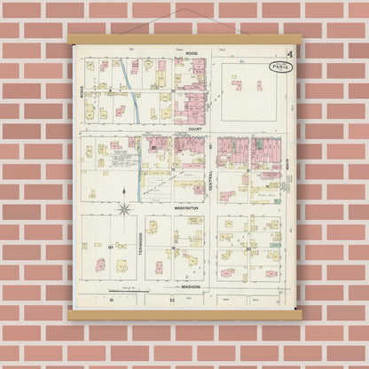 Old map wall art mockup — magnetic wood frame on brick wall — Sanborn Fire Insurance Map from Paris, Edgar County, Illinois (1890), Sheet #0004