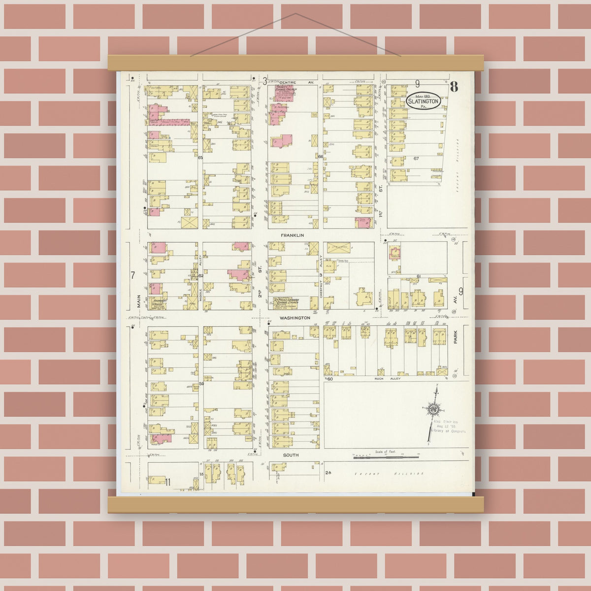 Old map wall art mockup — magnetic wood frame on brick wall — Sanborn Fire Insurance Map from Slatington, Lehigh County, Pennsylvania (1913), Sheet #0008