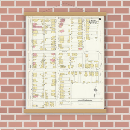 Old map wall art mockup — magnetic wood frame on brick wall — Sanborn Fire Insurance Map from Slatington, Lehigh County, Pennsylvania (1913), Sheet #0008