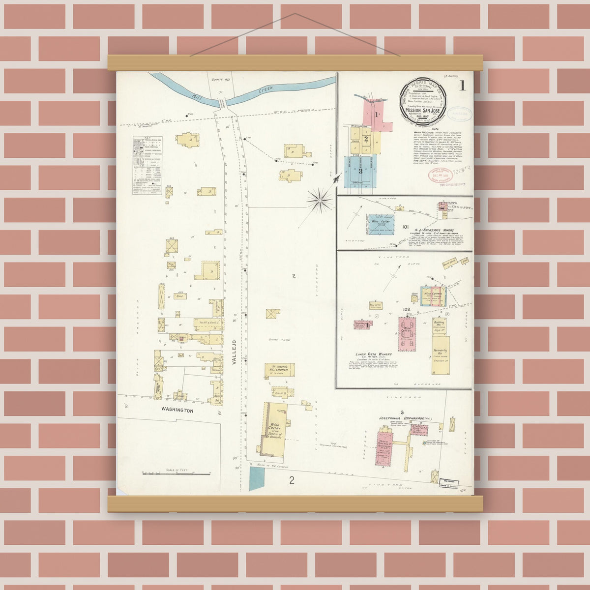 Old map wall art mockup — magnetic wood frame on brick wall — Sanborn Fire Insurance Map from Mission San Jose, Alameda County, California (1897), Sheet #0001