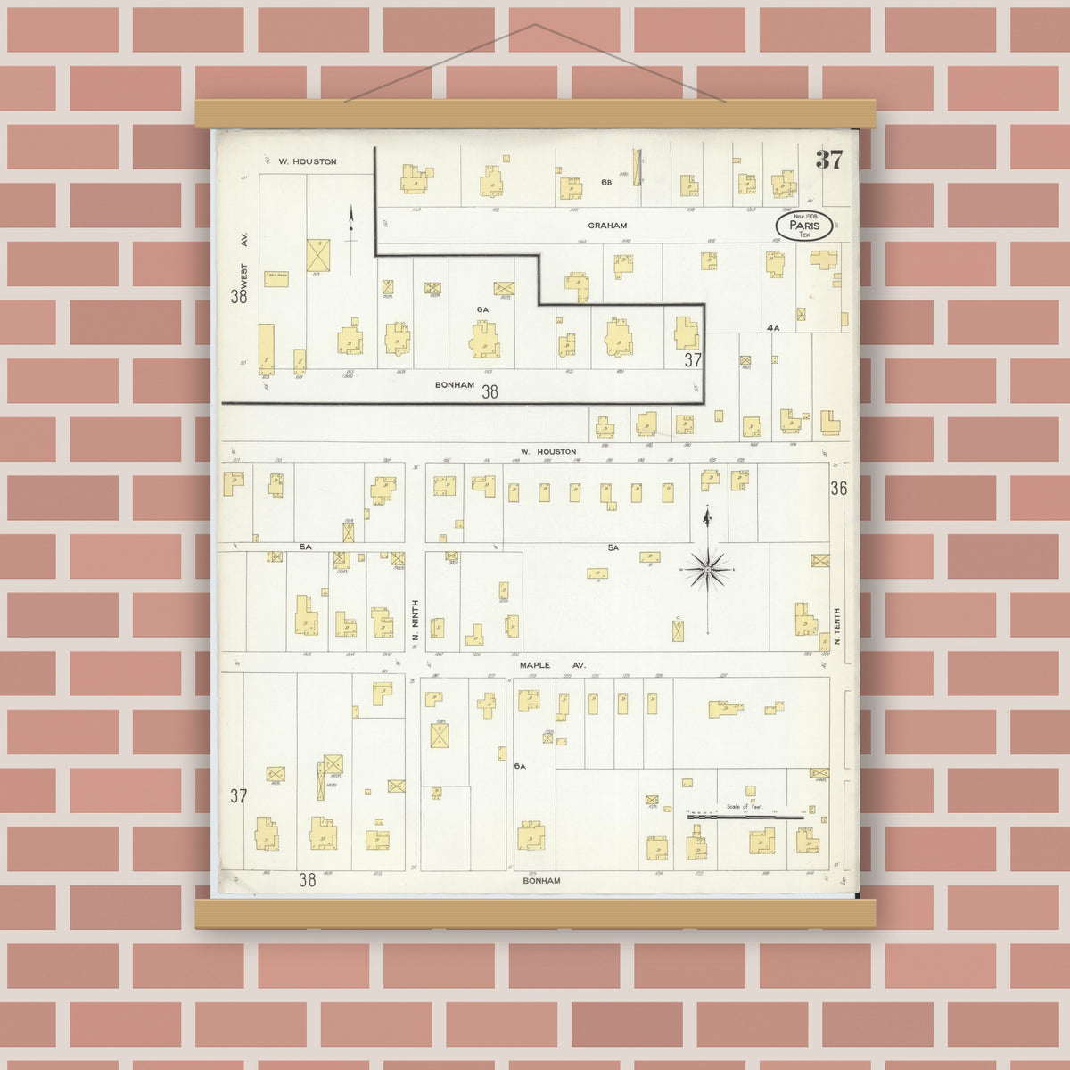 Old map wall art mockup — magnetic wood frame on brick wall — Sanborn Fire Insurance Map from Paris, Lamar County, Texas (1908), Sheet #0037