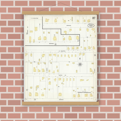 Old map wall art mockup — magnetic wood frame on brick wall — Sanborn Fire Insurance Map from Paris, Lamar County, Texas (1908), Sheet #0037