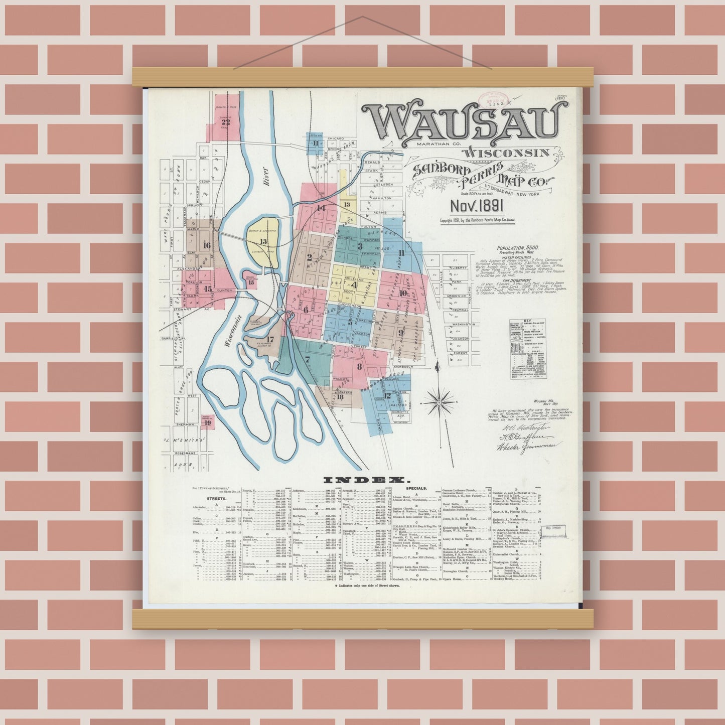 Old map wall art mockup — magnetic wood frame on brick wall — Sanborn Fire Insurance Map from Wausau, Marathon County, Wisconsin (1891) - Complete Map Set