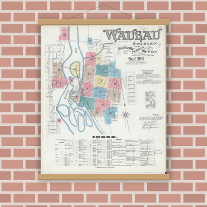 Old map wall art mockup — magnetic wood frame on brick wall — Sanborn Fire Insurance Map from Wausau, Marathon County, Wisconsin (1891) - Complete Map Set