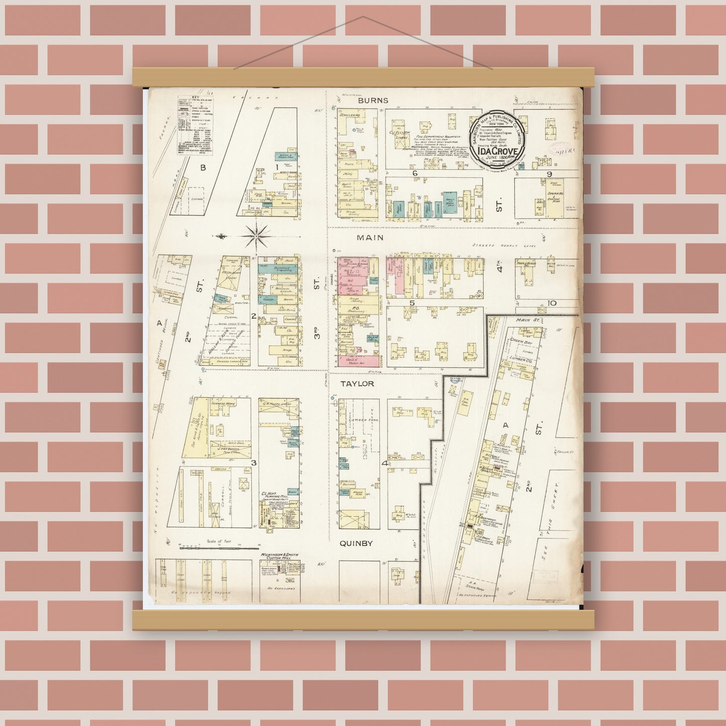 Old map wall art mockup — magnetic wood frame on brick wall — Sanborn Fire Insurance Map from Ida Grove, Ida County, Iowa (1886), Sheet #0001