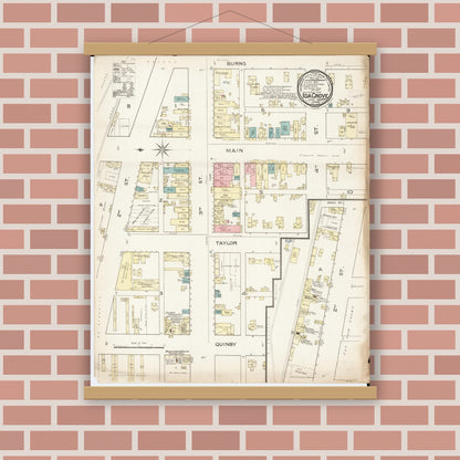 Old map wall art mockup — magnetic wood frame on brick wall — Sanborn Fire Insurance Map from Ida Grove, Ida County, Iowa (1886), Sheet #0001