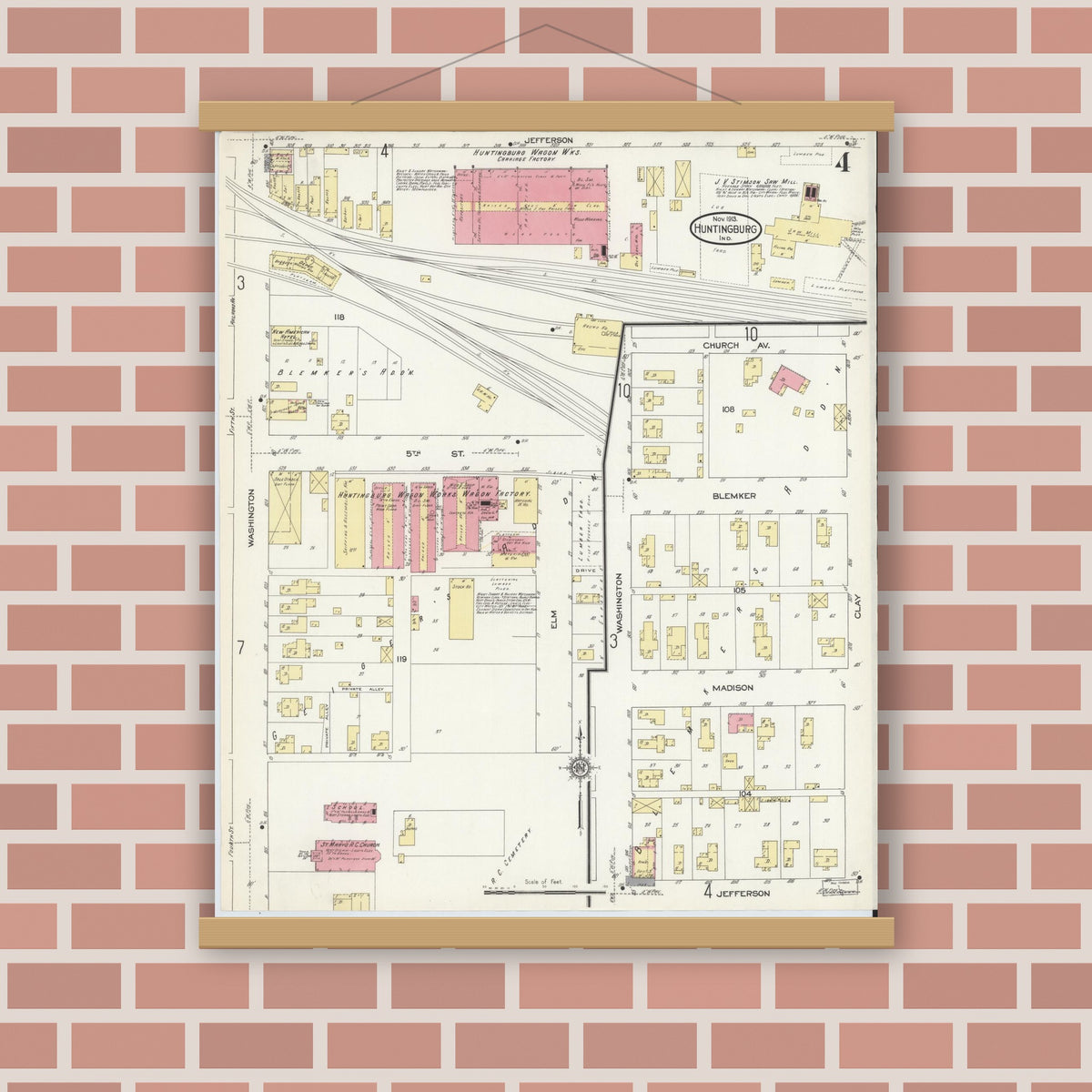 Old map wall art mockup — magnetic wood frame on brick wall — Sanborn Fire Insurance Map from Huntingburg, Dubois County, Indiana (1913), Sheet #0004