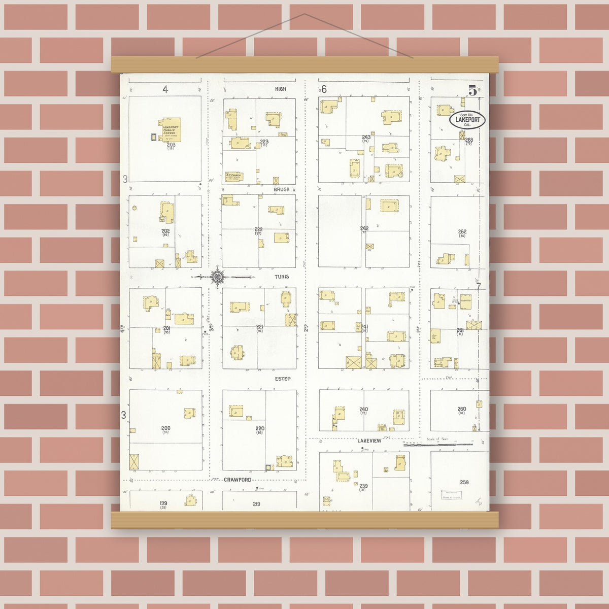 Old map wall art mockup — magnetic wood frame on brick wall — Sanborn Fire Insurance Map from Lakeport, Lake County, California (1911), Sheet #0005