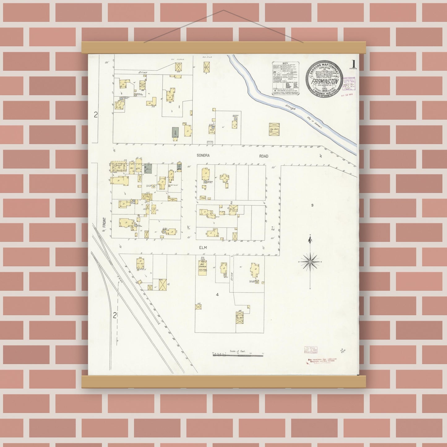 Old map wall art mockup — magnetic wood frame on brick wall — Sanborn Fire Insurance Map from Farmington, San Joaquin County, California (1908) - Complete Map Set