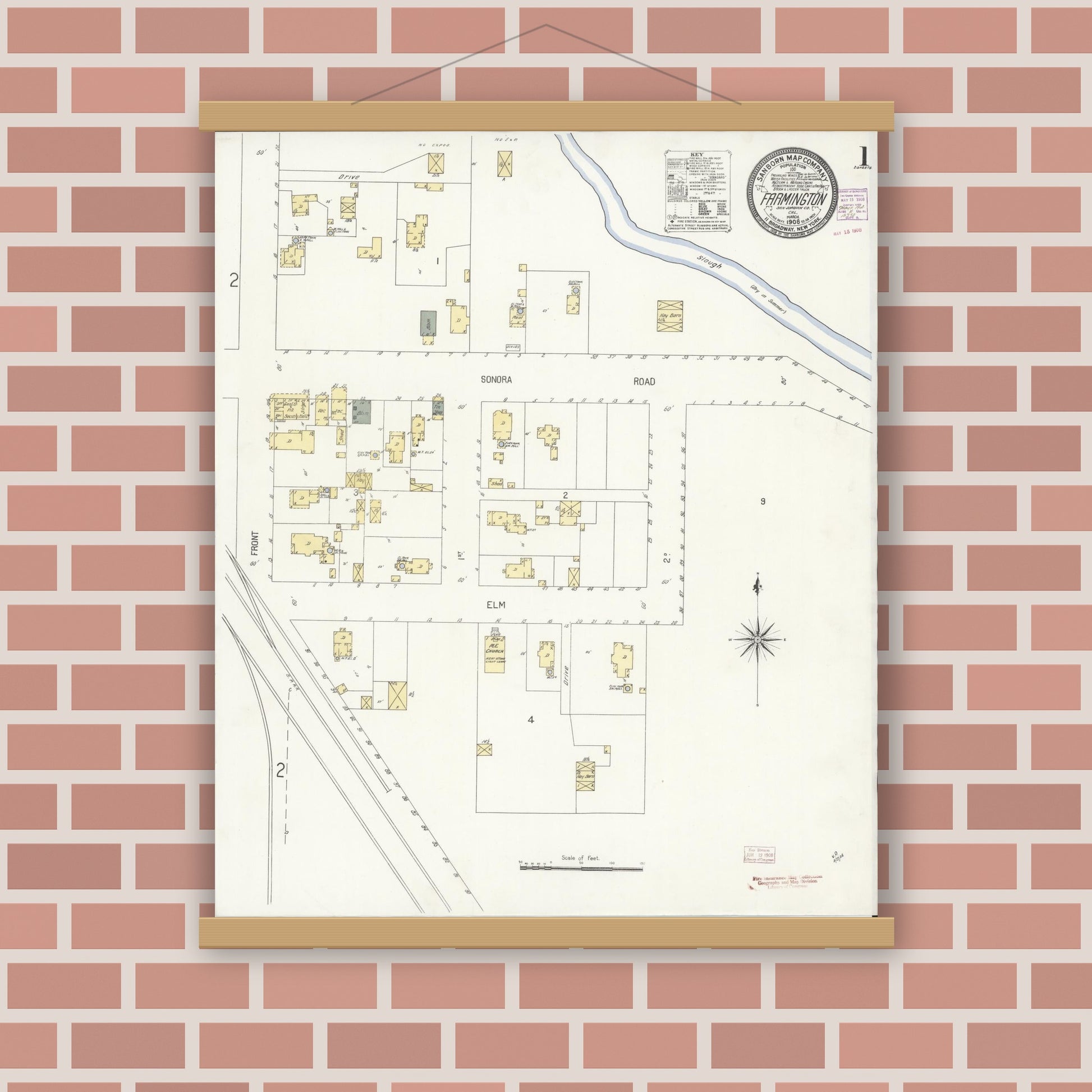 Old map wall art mockup — magnetic wood frame on brick wall — Sanborn Fire Insurance Map from Farmington, San Joaquin County, California (1908) - Complete Map Set