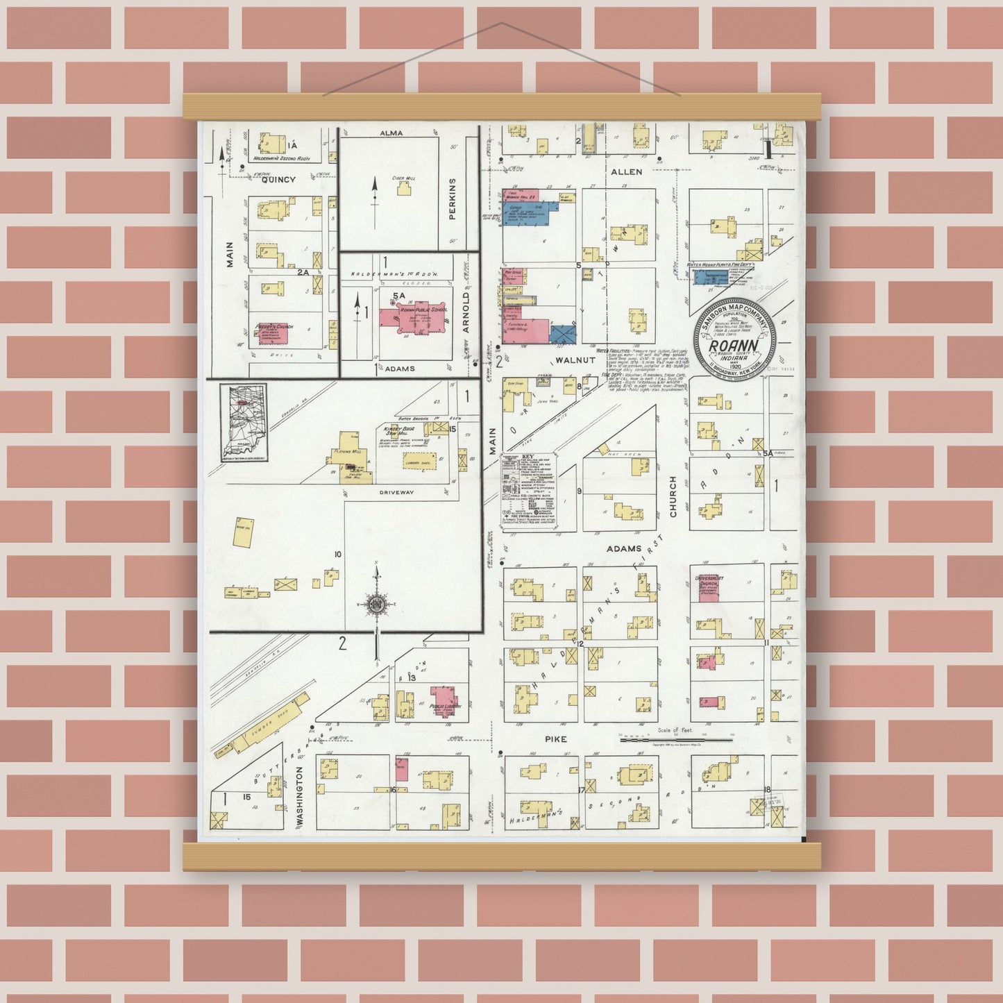 Old map wall art mockup — magnetic wood frame on brick wall — Sanborn Fire Insurance Map from Roann, Wabash County, Indiana (1920) - Complete Map Set