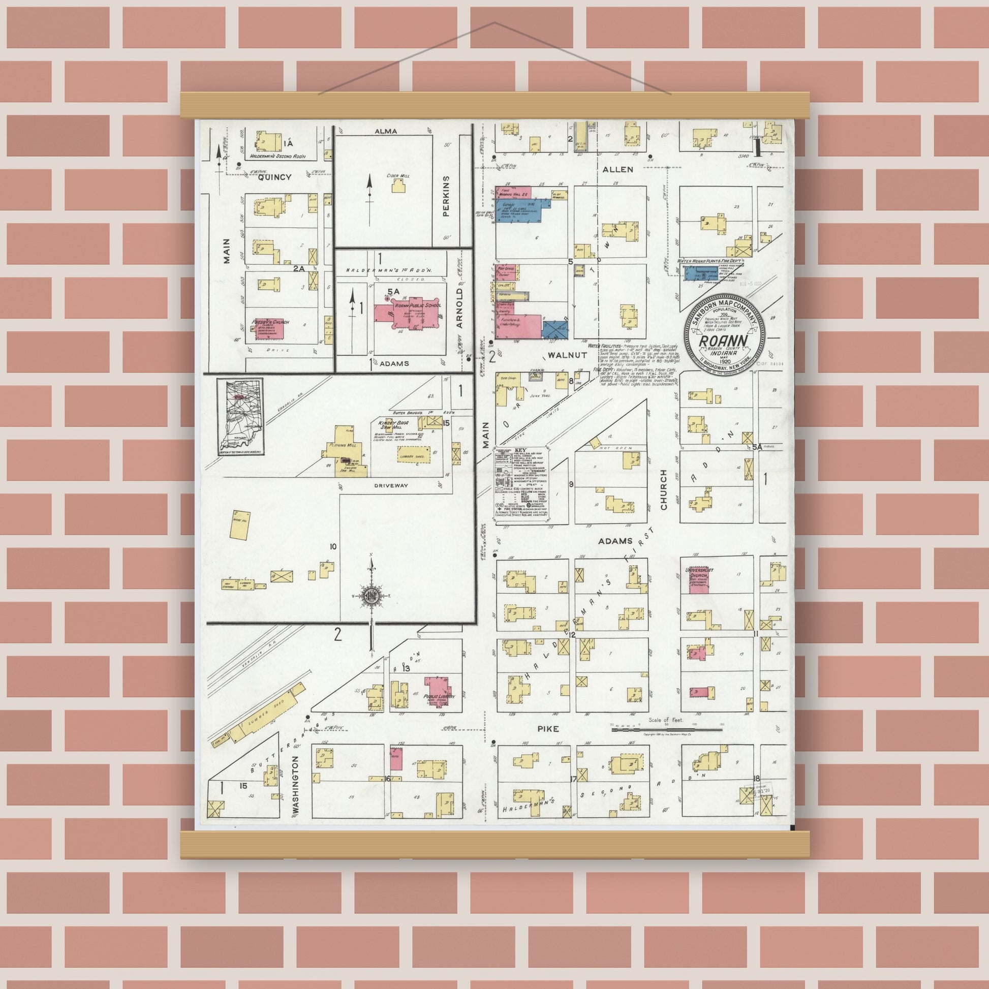 Old map wall art mockup — magnetic wood frame on brick wall — Sanborn Fire Insurance Map from Roann, Wabash County, Indiana (1920) - Complete Map Set