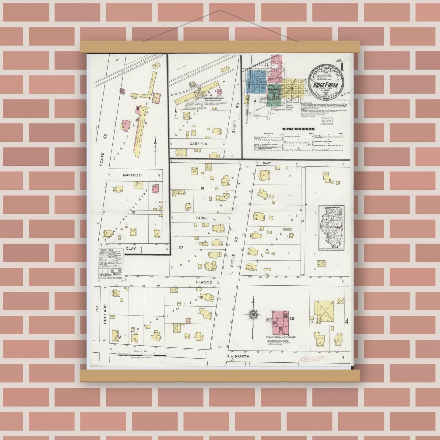 Old map wall art mockup — magnetic wood frame on brick wall — Sanborn Fire Insurance Map from Ridge Farm, Vermilion County, Illinois (1919) - Complete Map Set