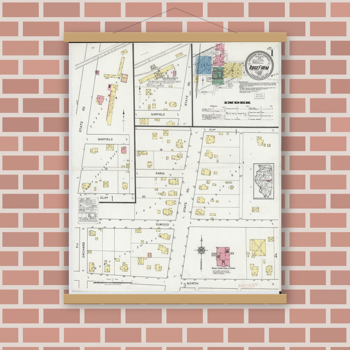 Old map wall art mockup — magnetic wood frame on brick wall — Sanborn Fire Insurance Map from Ridge Farm, Vermilion County, Illinois (1919) - Complete Map Set