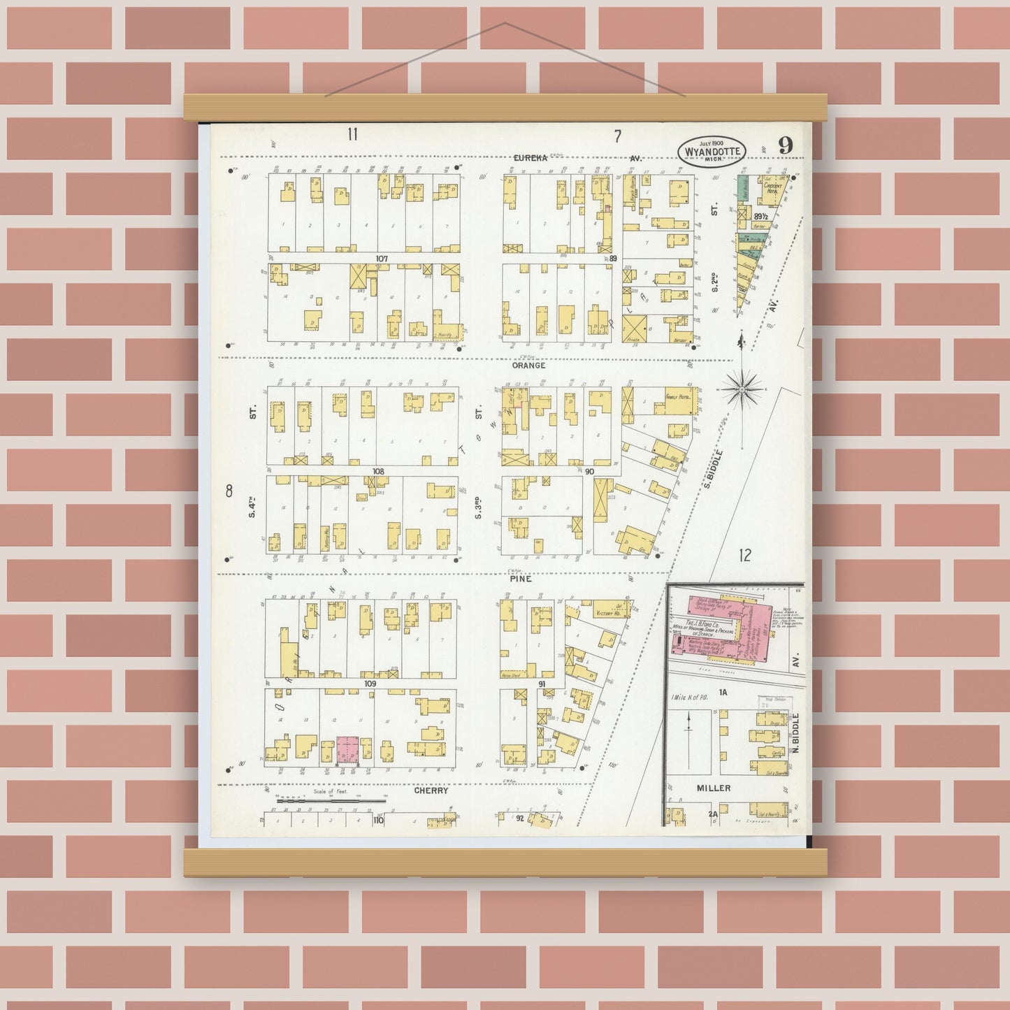 Old map wall art mockup — magnetic wood frame on brick wall — Sanborn Fire Insurance Map from Wyandotte, Wayne County, Michigan (1900), Sheet #0009