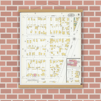 Old map wall art mockup — magnetic wood frame on brick wall — Sanborn Fire Insurance Map from Wyandotte, Wayne County, Michigan (1900), Sheet #0009