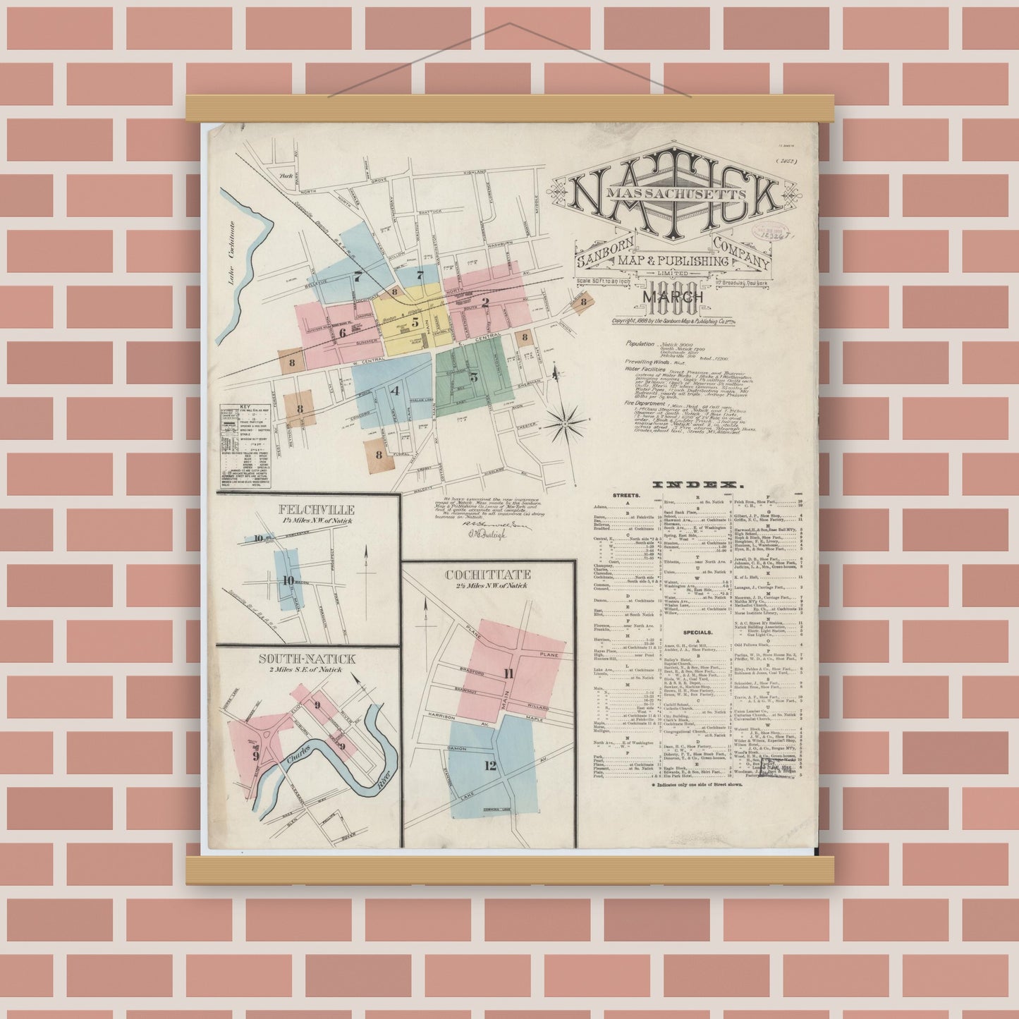 Old map wall art mockup — magnetic wood frame on brick wall — Sanborn Fire Insurance Map from Natick, Middlesex County, Massachusetts (1888), Sheet #0001