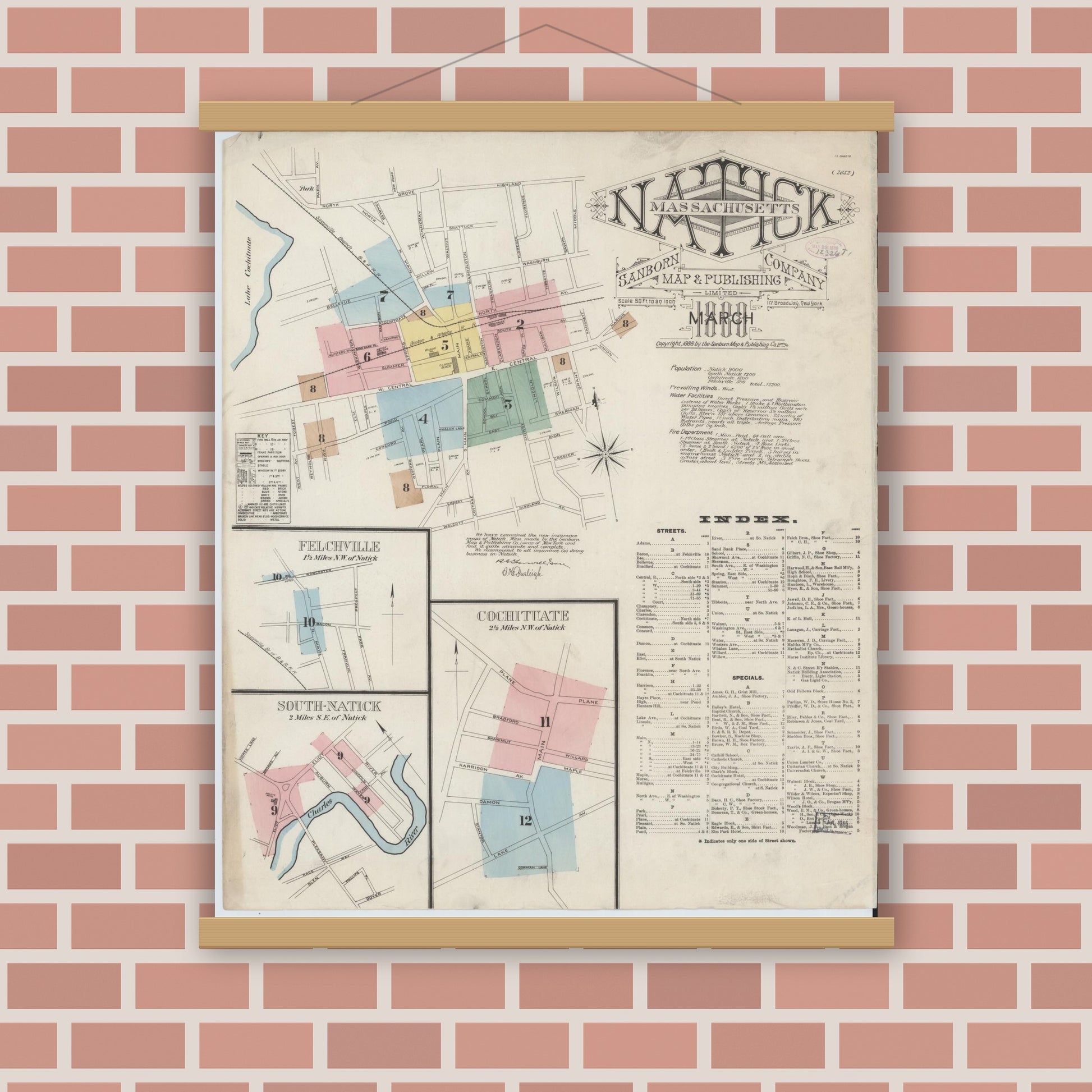 Old map wall art mockup — magnetic wood frame on brick wall — Sanborn Fire Insurance Map from Natick, Middlesex County, Massachusetts (1888), Sheet #0001