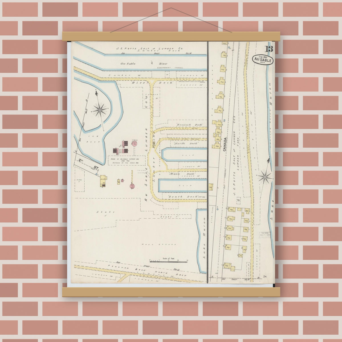 Old map wall art mockup — magnetic wood frame on brick wall — Sanborn Fire Insurance Map from Oscoda, Iosco County, Michigan (1890), Sheet #0013