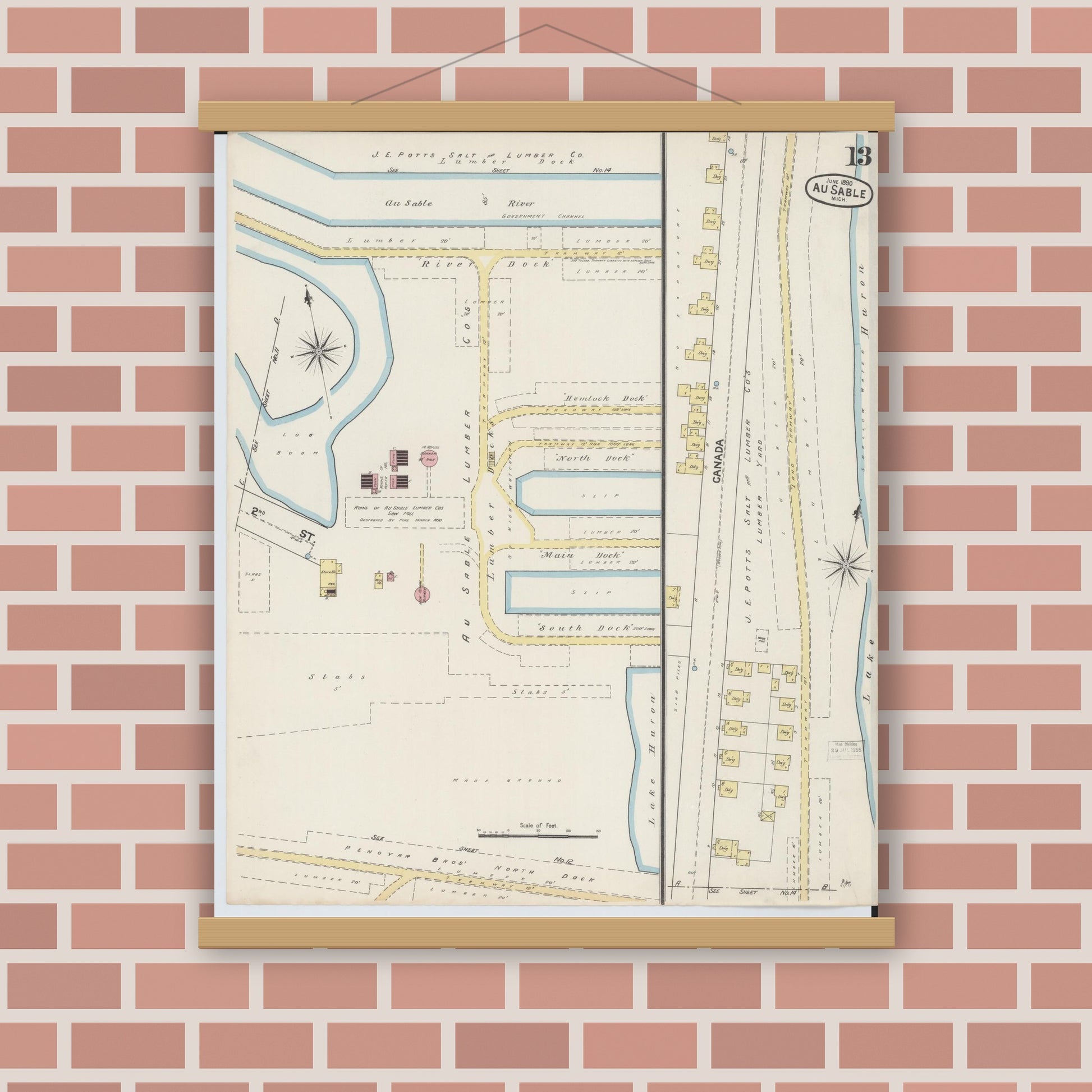 Old map wall art mockup — magnetic wood frame on brick wall — Sanborn Fire Insurance Map from Oscoda, Iosco County, Michigan (1890), Sheet #0013