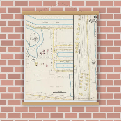 Old map wall art mockup — magnetic wood frame on brick wall — Sanborn Fire Insurance Map from Oscoda, Iosco County, Michigan (1890), Sheet #0013