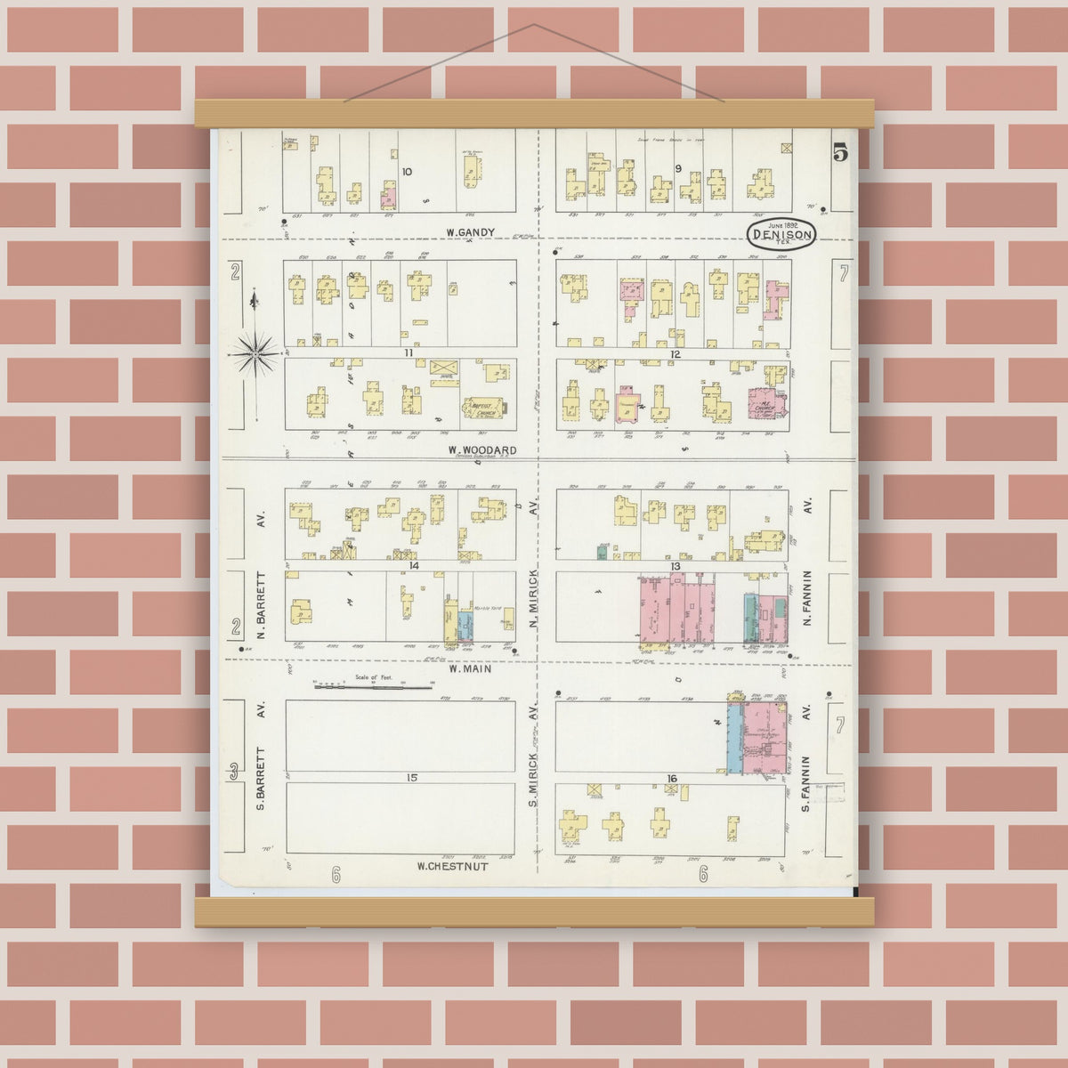 Old map wall art mockup — magnetic wood frame on brick wall — Sanborn Fire Insurance Map from Denison, Grayson County, Texas (1892), Sheet #0005