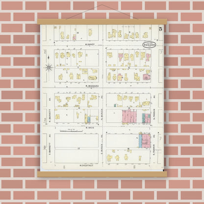 Old map wall art mockup — magnetic wood frame on brick wall — Sanborn Fire Insurance Map from Denison, Grayson County, Texas (1892), Sheet #0005