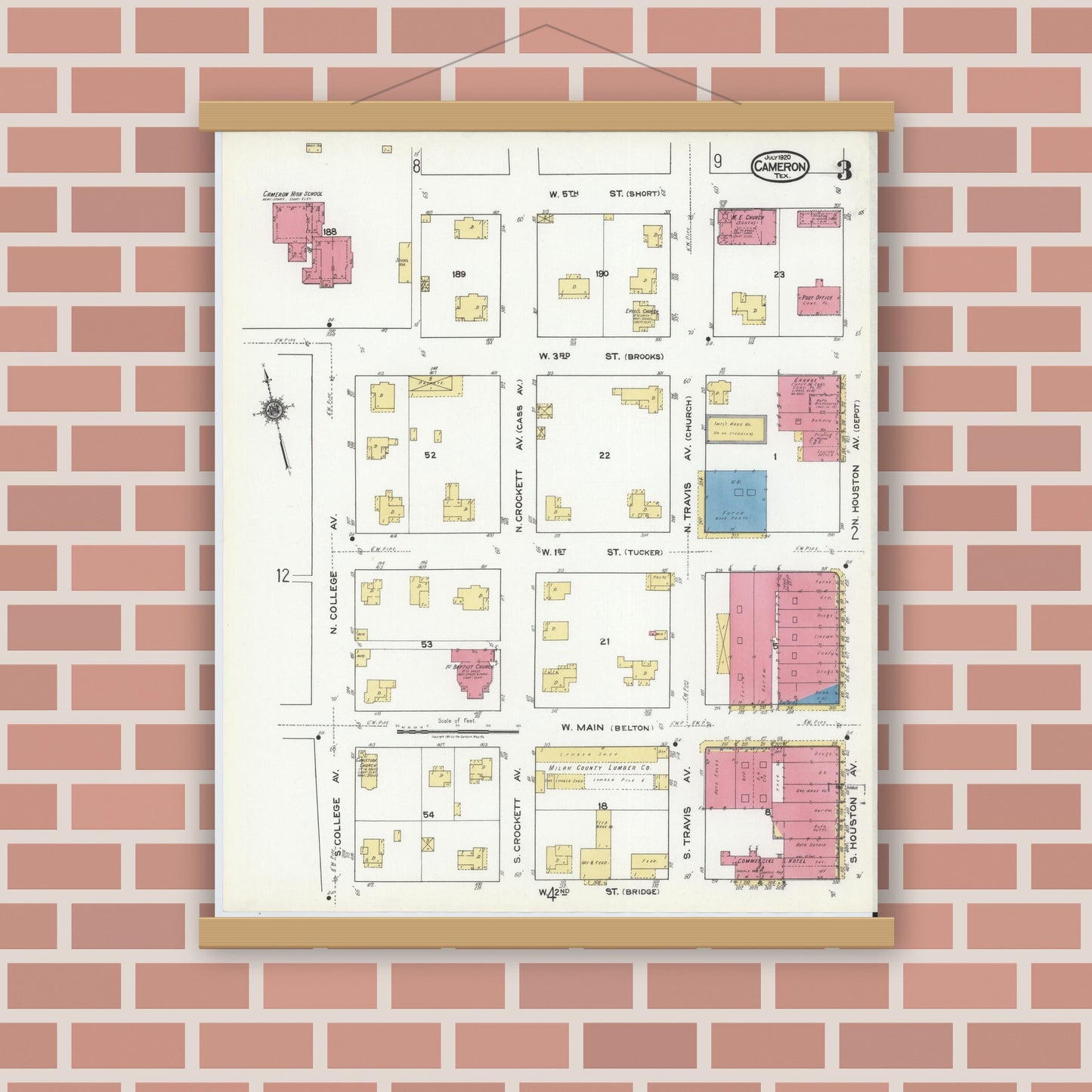 Old map wall art mockup — magnetic wood frame on brick wall — Sanborn Fire Insurance Map from Cameron, Milam County, Texas (1920), Sheet #0003