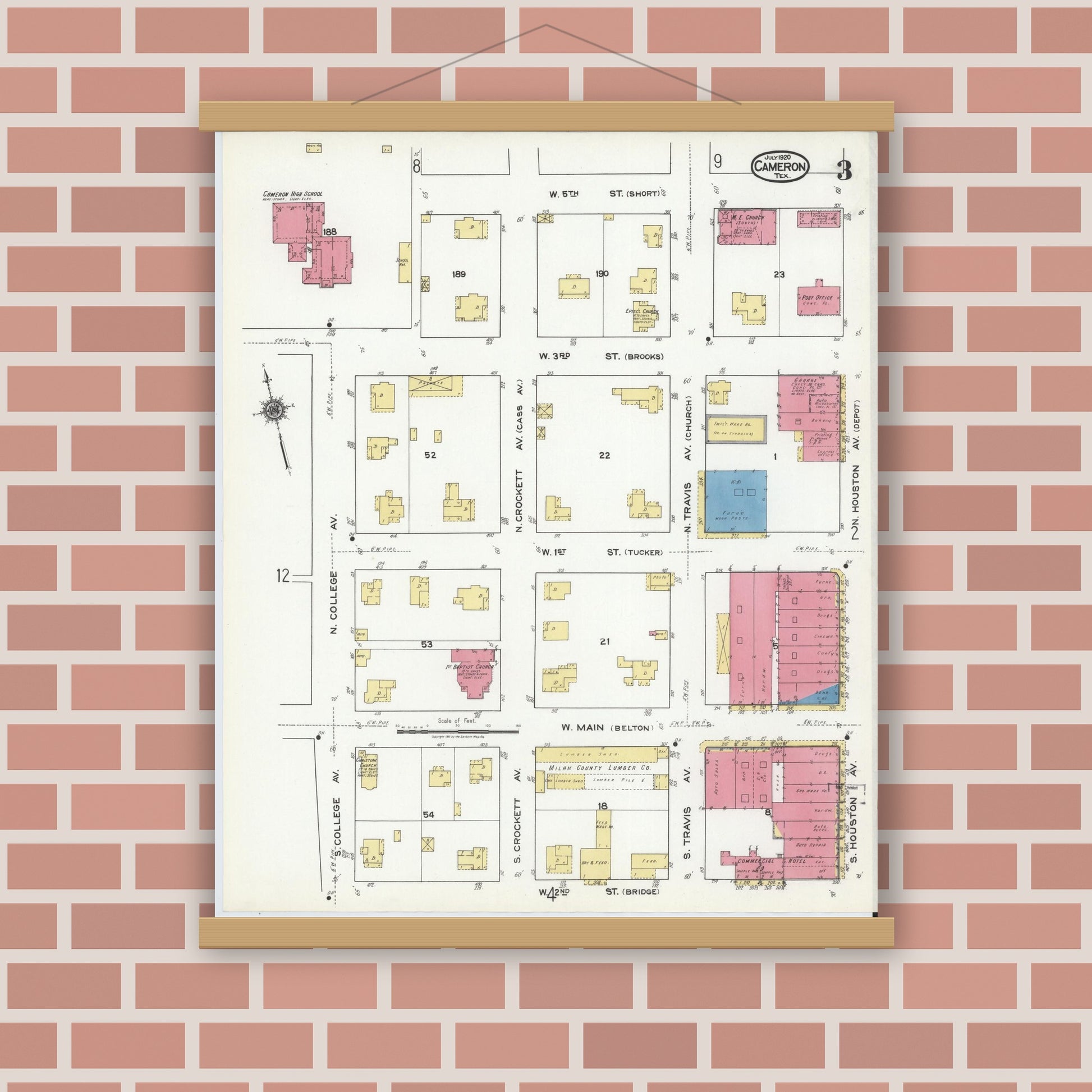 Old map wall art mockup — magnetic wood frame on brick wall — Sanborn Fire Insurance Map from Cameron, Milam County, Texas (1920), Sheet #0003