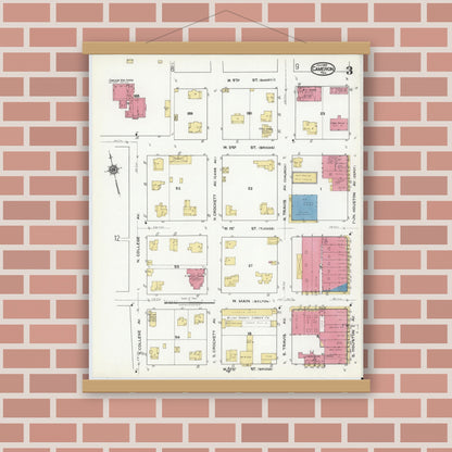 Old map wall art mockup — magnetic wood frame on brick wall — Sanborn Fire Insurance Map from Cameron, Milam County, Texas (1920), Sheet #0003