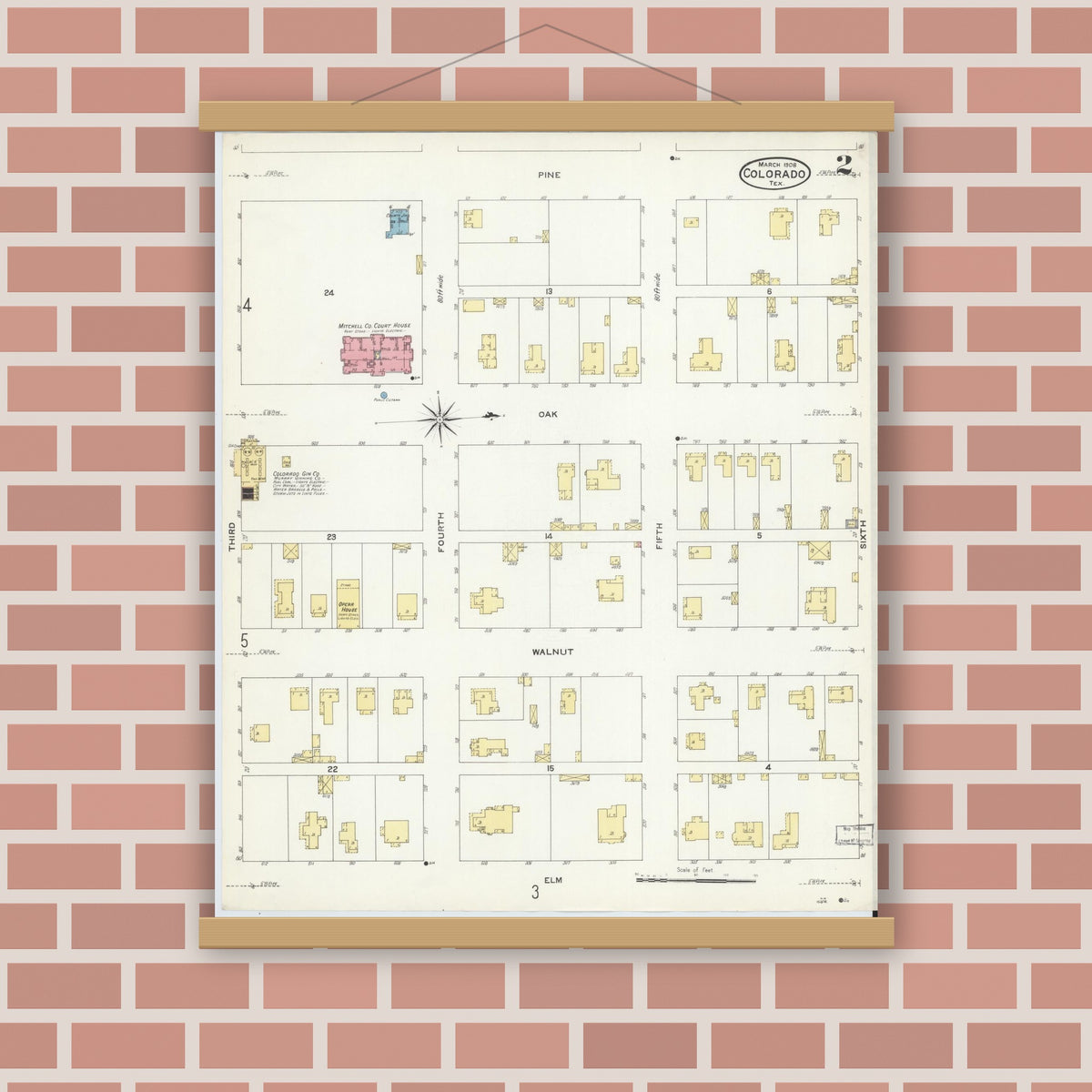 Old map wall art mockup — magnetic wood frame on brick wall — Sanborn Fire Insurance Map from Colorado, Mitchell County, Texas (1908), Sheet #0002