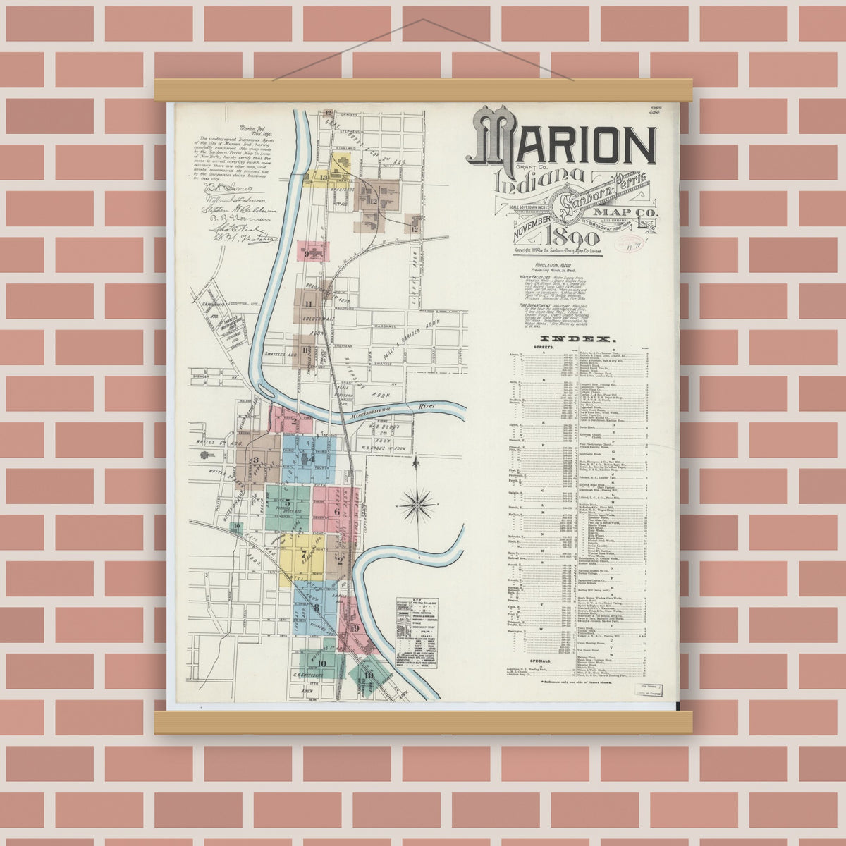 Old map wall art mockup — magnetic wood frame on brick wall — Sanborn Fire Insurance Map from Marion, Grant County, Indiana (1890), Sheet #0001